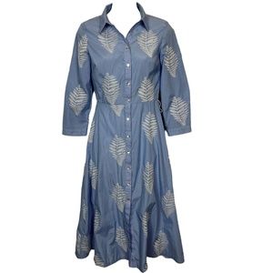 ZARA WOMAN Embroidered Blue Seersucker Striped Midi Shirt Style Dress White XS